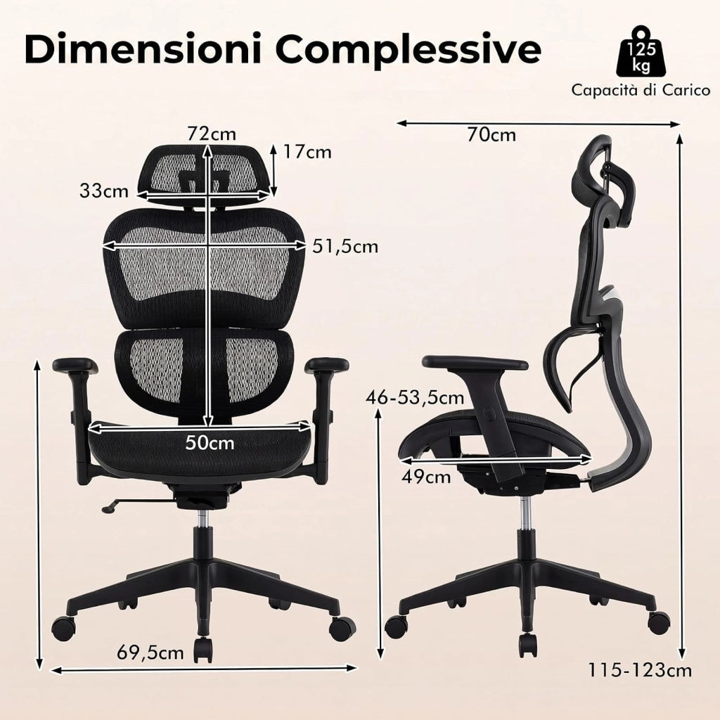Sedia da Ufficio Ergonomica, Schienale Reclinabile | Poggiatesta Regolabile e Supporto Lombare, Altezza Regolabile, Poltrona con Ruote per Studio, Portata 125 kg