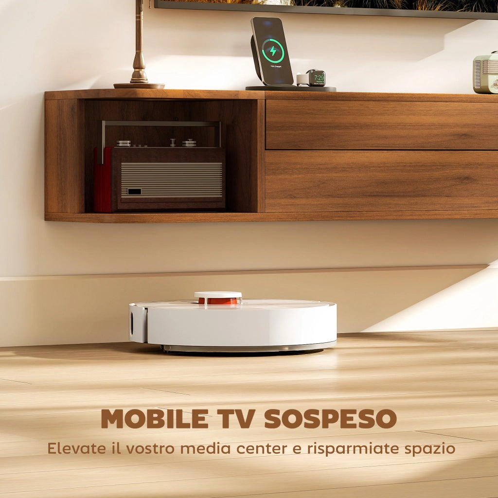 Mobile TV Sospeso con Porta USB e Tipo C ¨C Xylo ¨C Cassetto e Ripiani, Noce, 120x24x22.4 cm