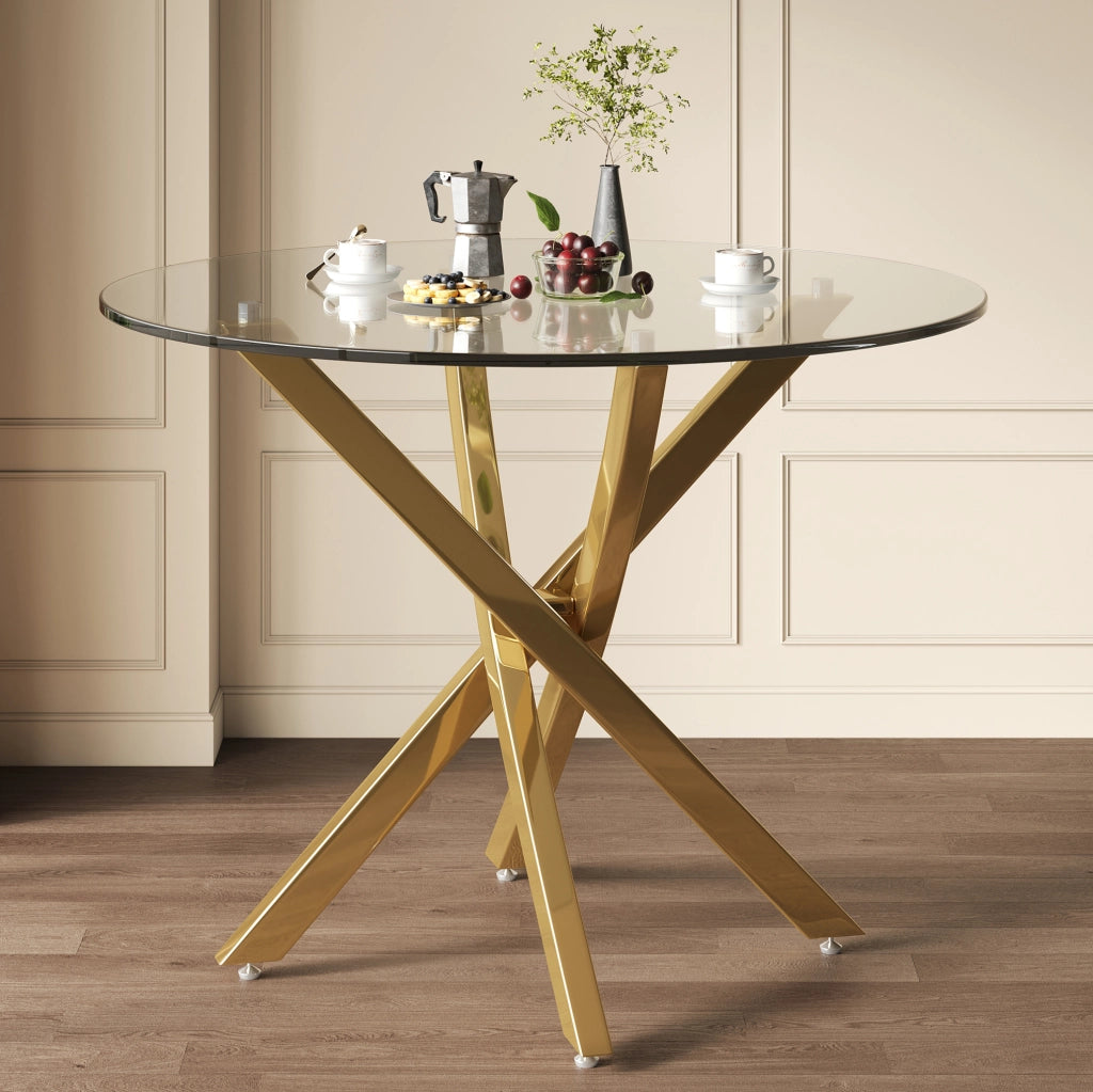 Tavolo rotondo 80x80x75 cm con piano in vetro temperato e gambe incrociate in metallo; oro
