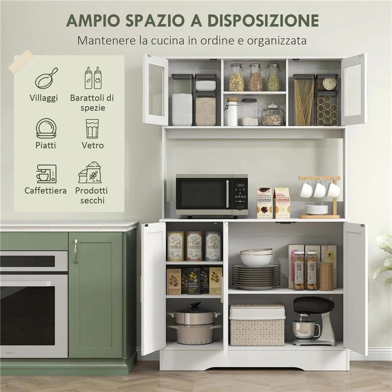 MOBILE DISPENSA CON 4 ARMADIETTI, 2 RIPIANI APERTI E PIANO DA LAVORO, IN LEGNO E VETRO, 108X35X180 CM, BIANCO