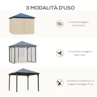 Gazebo da Giardino 3x3m con Tetto in Policarbonato e Zanzariere, Caffè e Khaki
