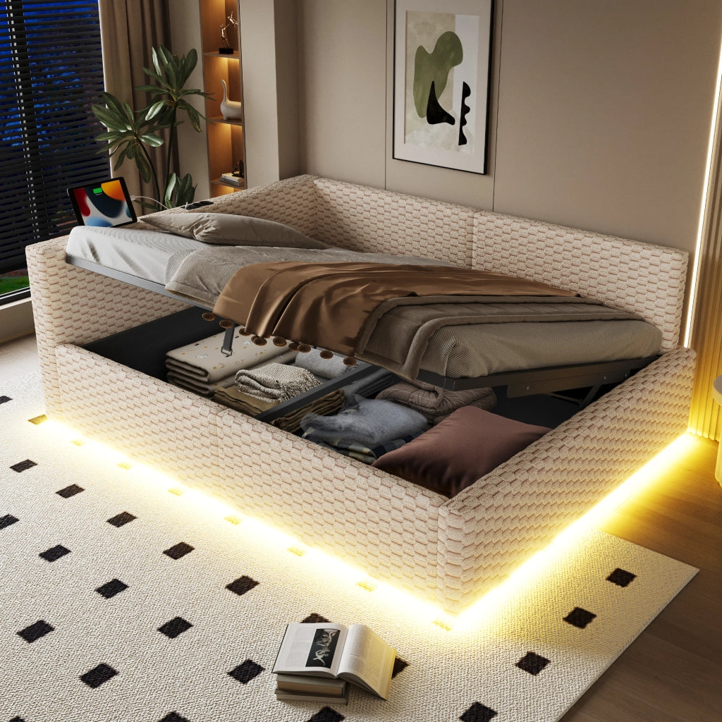 Letto divano 140 × 200 cm con contenitore idraulico, LED, 2 USB e Type-C, senza materasso, in velluto beige