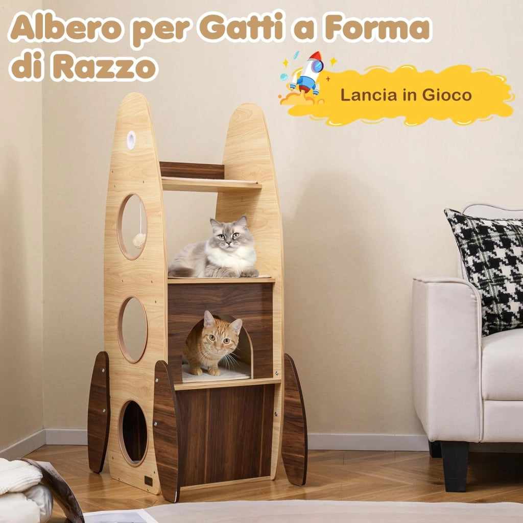 Albero per Gatti a Forma di Razzo, Tiragraffi per Gatti da Interno in Legno Alto 120 cm con Condo a 2 Piani, Perno Superiore e Pedana Graffiatrice in Sisal, Mobile per Gattini