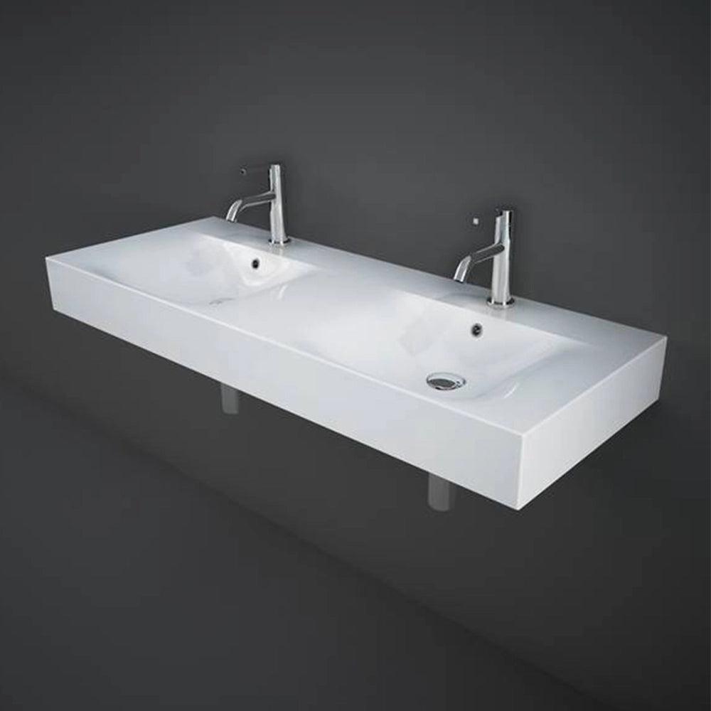 Lavabo sospeso doppio 120cm rettangolare in ceramica bianca Rak Des