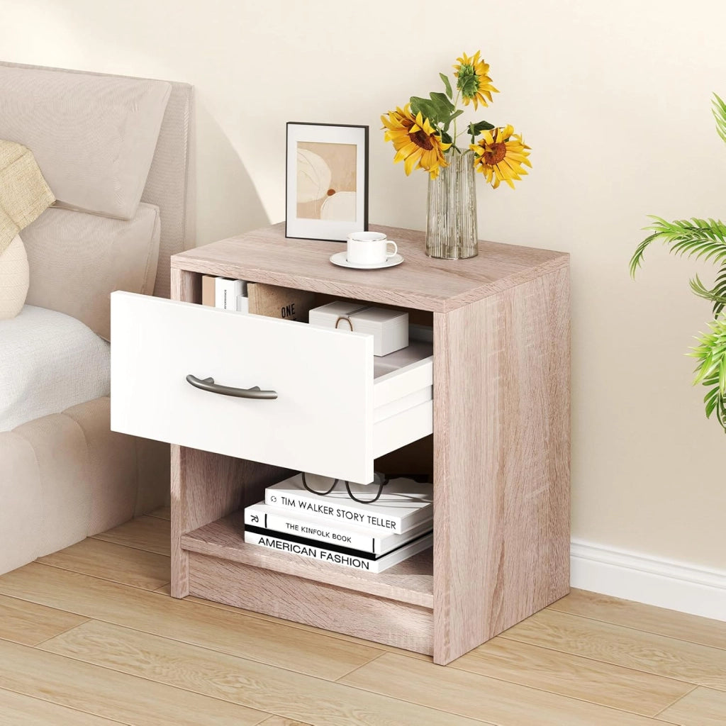 COSTWAY Comodino 38,5 x 28 x 40,5cm in Legno, Tavolino Salvaspazio con Scomparto Aperto e Casseto per Soggiorno e Camera da Letto (Naturale+Bianco)