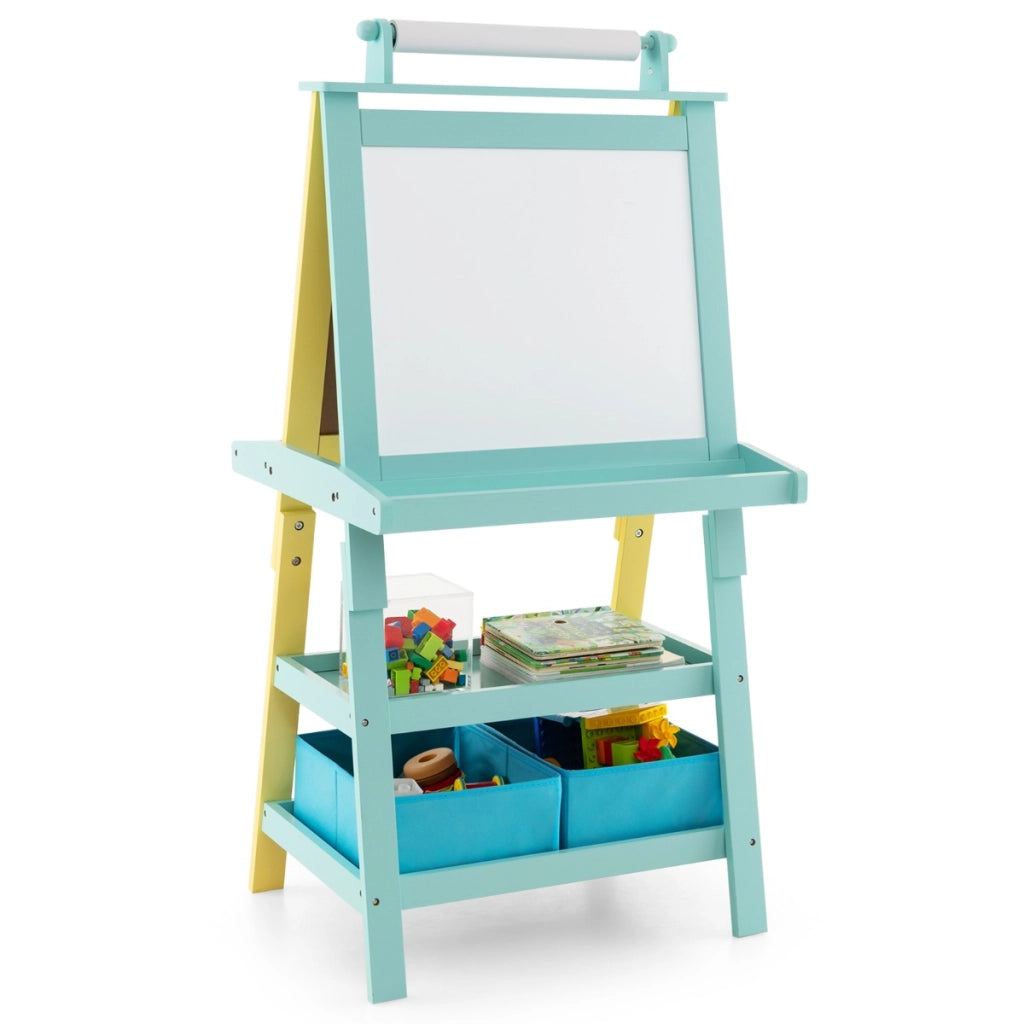 Cavalletto double face 3 in 1per bambini, Treppiede con lavagna bianca e nera e rotolo di carta Giallo e blu-Cavalletti e lavagne bambini