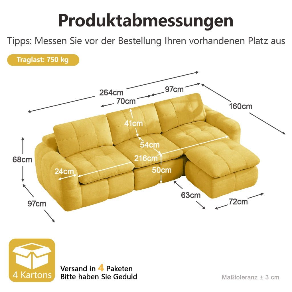 Divano modulare 3 posti - con chaise longue e pouf - per soggiorno - in chenille gialla