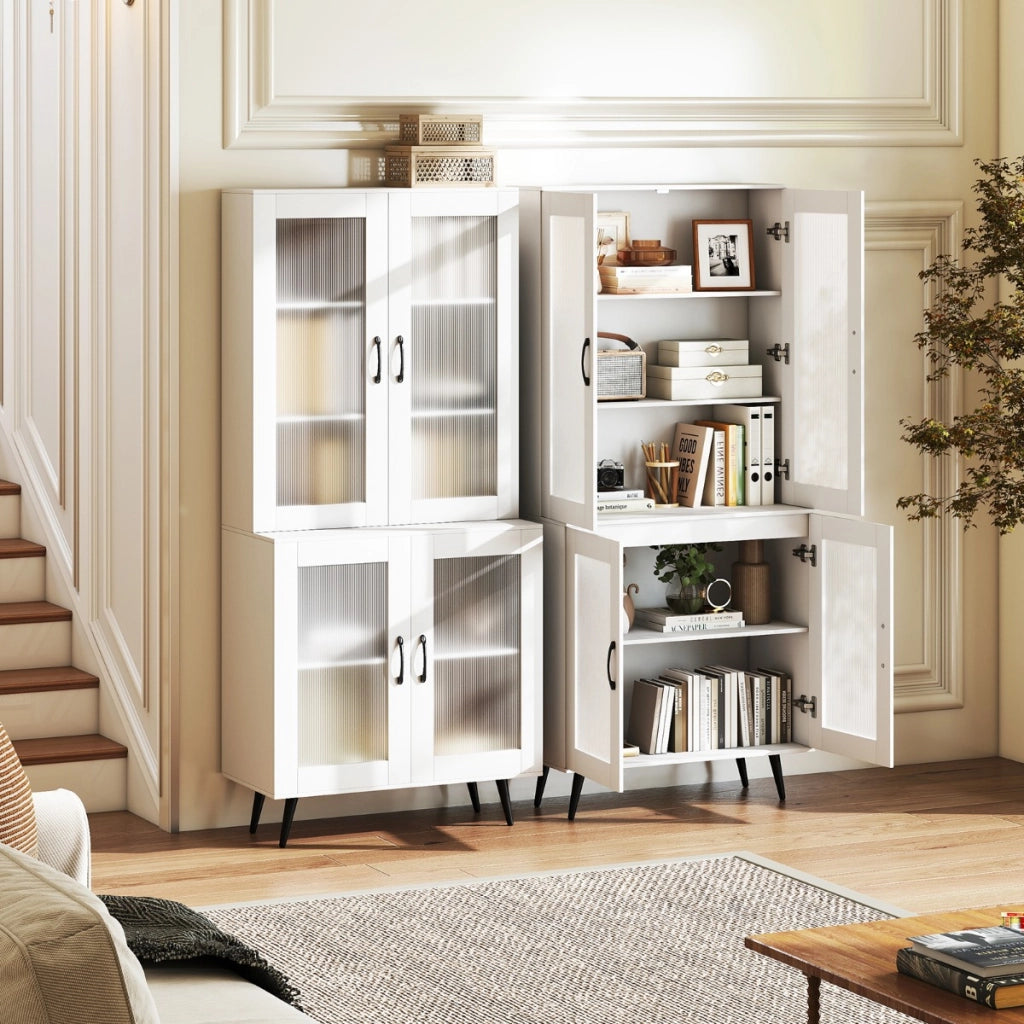 Madia autonoma con gambe in metallo per sala da pranzo soggiorno, Armadio dispensa da cucina 178,5 cm con 4 ante trasparenti Bianco-Credenze buffet