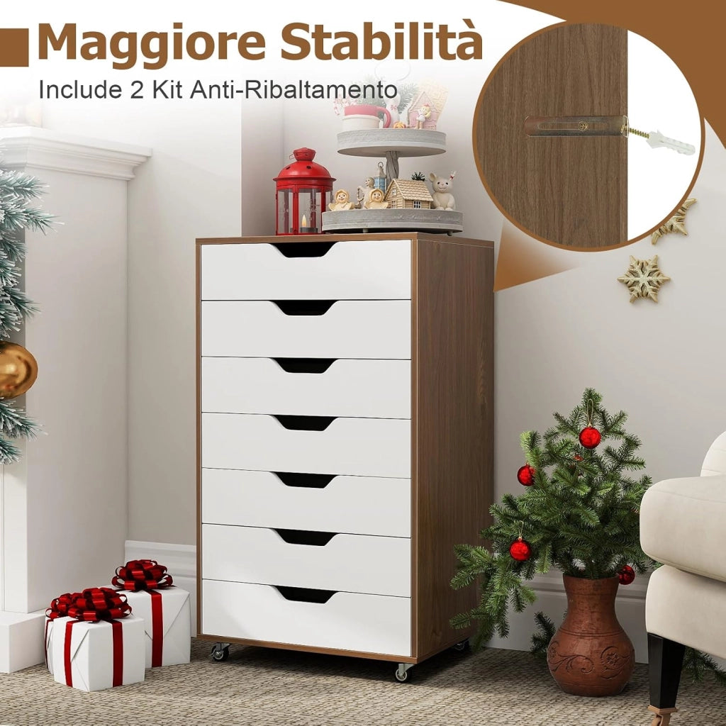 Cassettiera da Ufficio con 7 Cassetti, Mobiletto per Documenti con 4 Ruote Girevoli, Cassettiera da Scrivania in Legno per Ufficio e Soggiorno, 49 x 40 x 87 cm (Naturale + Bianco)