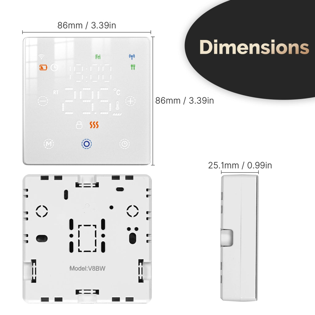 Termostato WIFI Con Batteria Bianco, Per Caldaia a Gas Boiler, APP TUYA Smart Life, Quadrata Montaggio da Esterno Oppure Incasso Scatola 502
