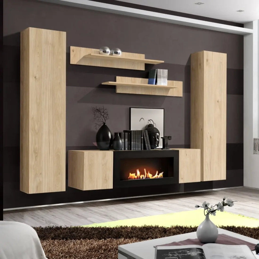 Composizione murale FLY – Rovere chiaro – Mobile TV, vetrine, scaffali – Camino bio-etanolo integrato