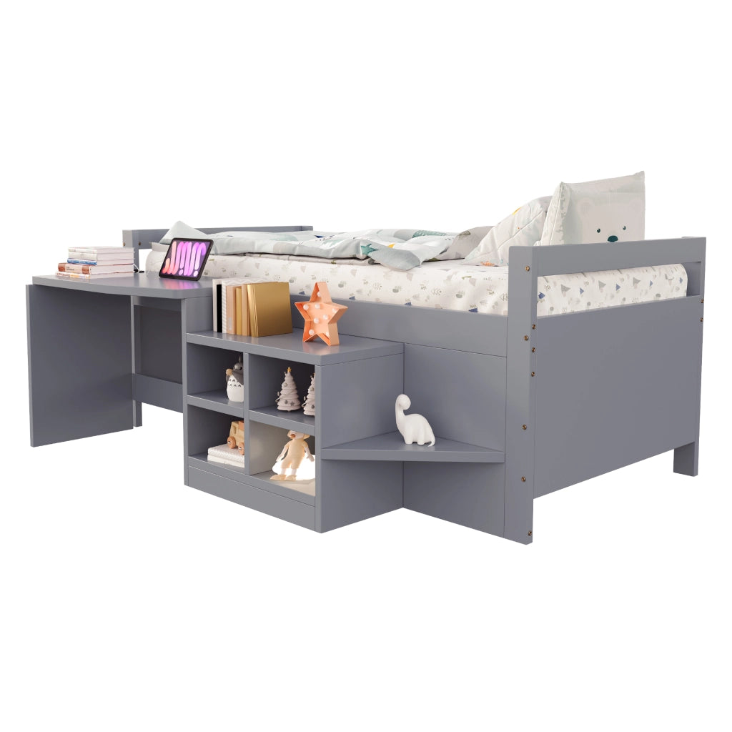 LETTO Multifunzione 90x200 cm Grigio in legno con scrivania, vani contenitori e prese
