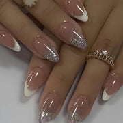 Set di 24 nageli medio grandi argentati lucidi in design rosa francese - Nageli in acril riciclabili con copertura completa per donne e ragazze