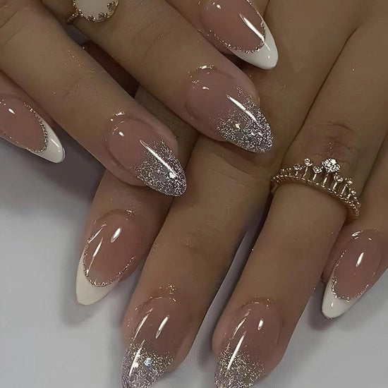 Set di 24 nageli medio grandi argentati lucidi in design rosa francese - Nageli in acril riciclabili con copertura completa per donne e ragazze