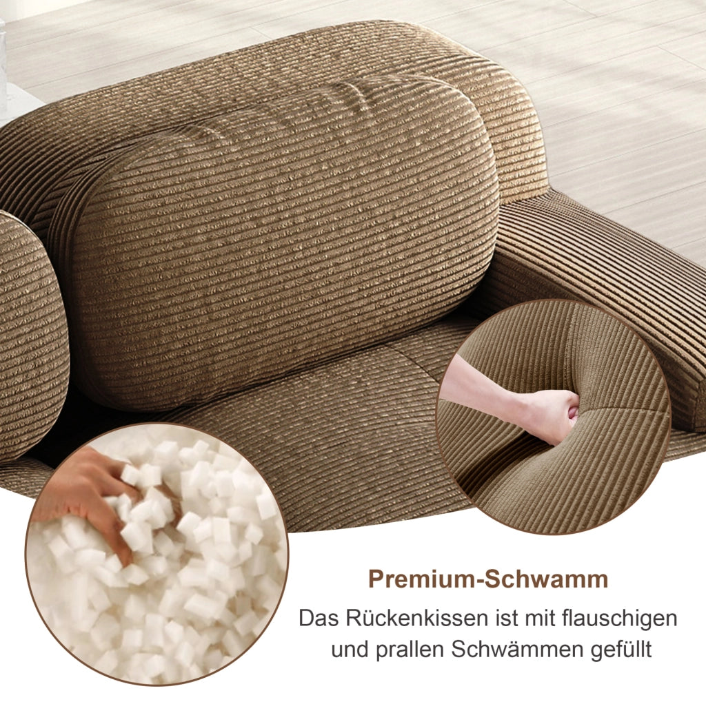 Divano angolare modulare senza montaggio in velluto a coste marrone; design ergonomico