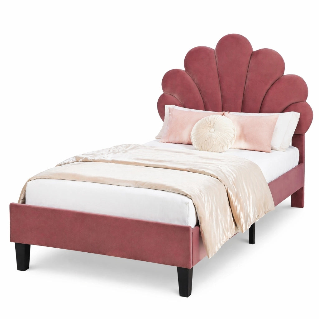 Letto imbottito 90x200 cm in velluto rosso fagiolo con testiera a fiore
