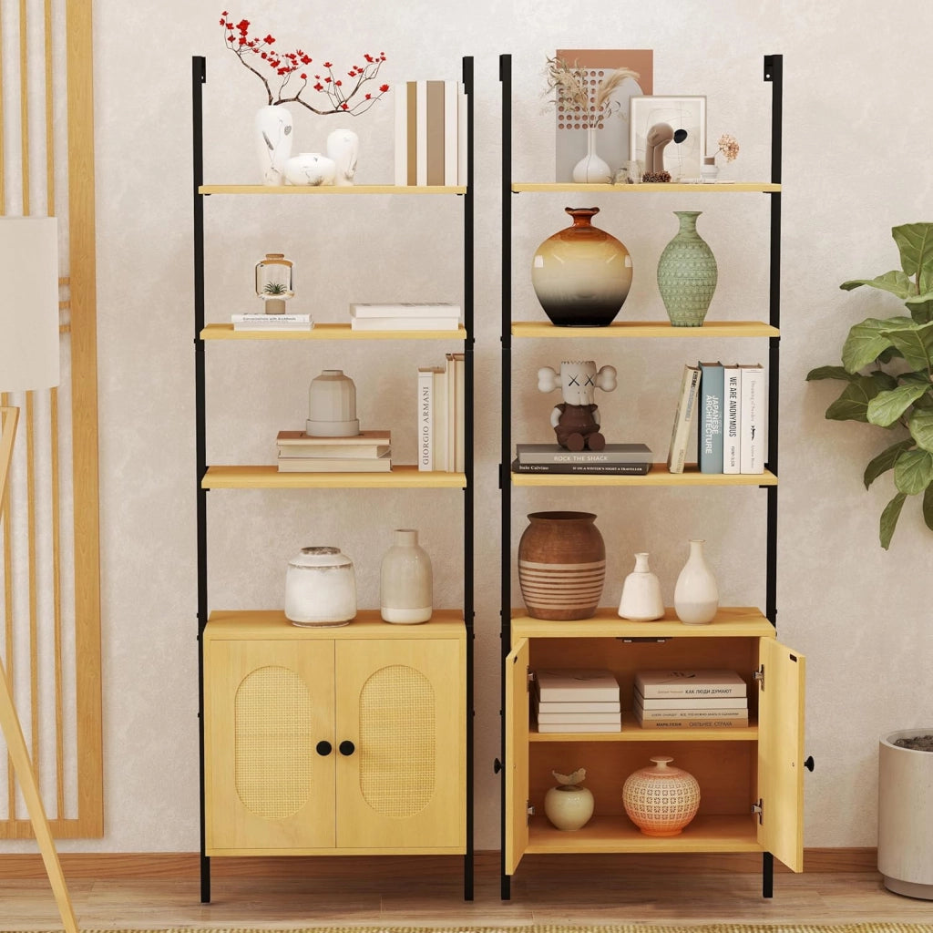 Libreria contro parete, scala con 4 ripiani e armadio con ante in rattan, mensola da parete in metallo e legno, scaffale da parete per scale (60 x 30 x 184 cm)