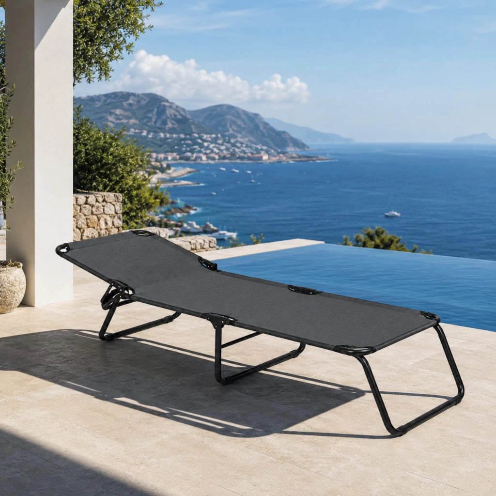 Lettino Pieghevole Prendisole Senza Tettuccio Parasole Schienale Reclinabile Regolabile Struttura In Metallo Nero Sedia Sdraio Per Spiaggia Mare Giardino Piscina 187 x 53 x 24 Cm Grigio Scuro