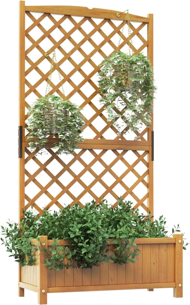Fioriera da Esterno con Grigliato, Letto Rialzato in Legno con Traliccio e Fori di Drenaggio, Aiuola Rialzata per Piante Rampicanti e Fiori, 90 x 44,5 x 180,5 cm (Arancione)