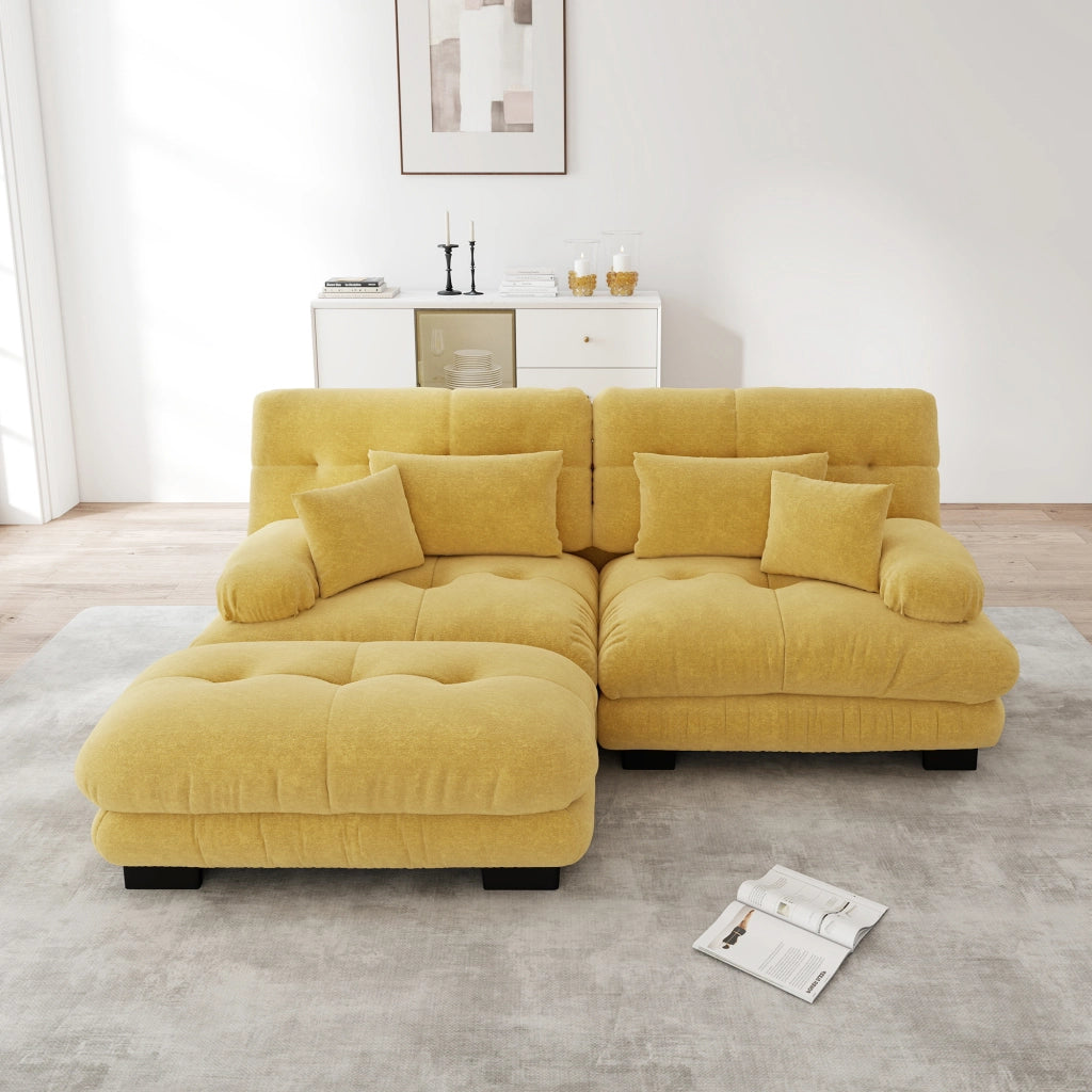 Divano angolare modulare in chenille con cuscini lombari e pouf, comfort profondo giallo 220 × 145 × 81 cm