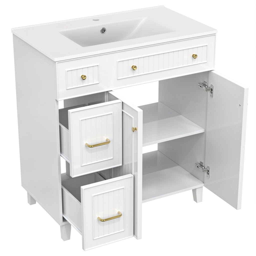 Mobile bagno freestanding con lavabo in ceramica, struttura in MDF laccato, gambe in legno massiccio e spazio contenitivo multiuso
