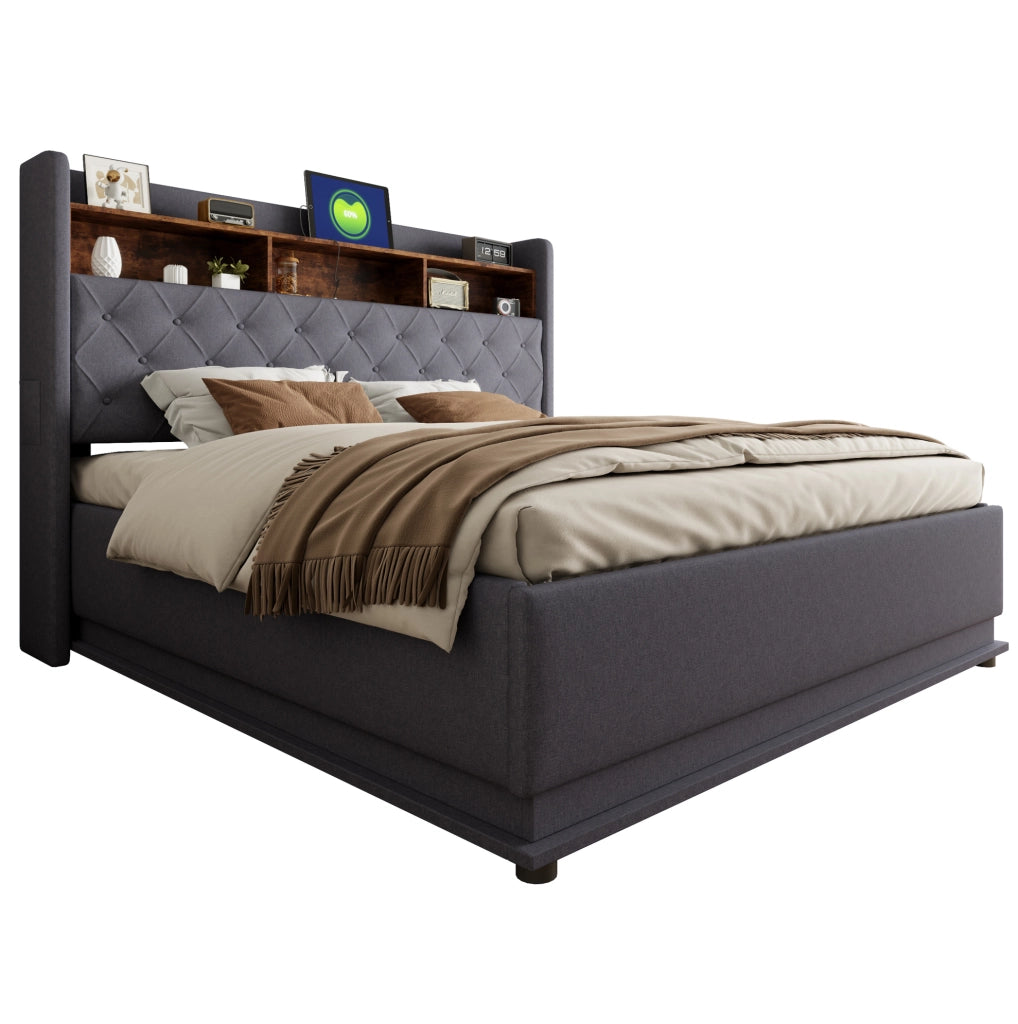 Letto matrimoniale imbottito 180x200 cm con LED; USB e contenitore idraulico; grigio