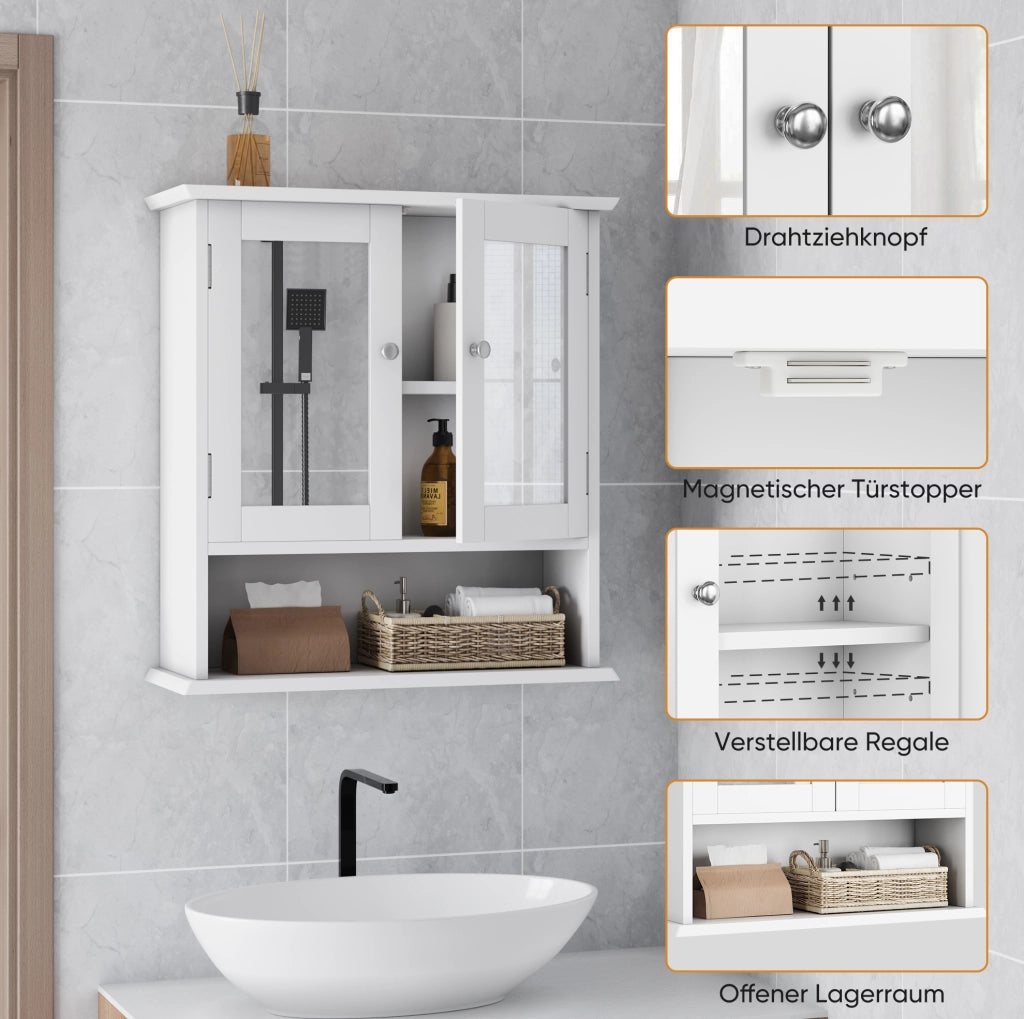 Armadietto da bagno sospeso bianco con specchio e ripiani regolabili