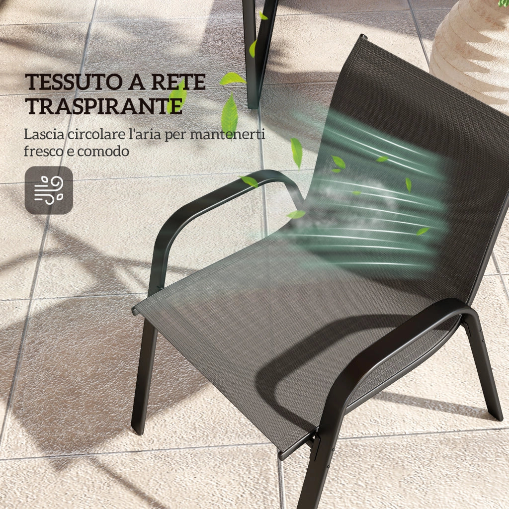 Set da Giardino con Divano 2 Posti, 2 Poltrone Impilabili e Tavolino in Vetro, Nero