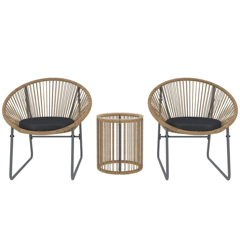 SET DA GIARDINO 3 PEZZI IN RATTAN E ACCIAIO CON 2 SEDIE CON CUSCINI E TAVOLINO DA CAFFÉ A CILINDRO MULTICOLORE