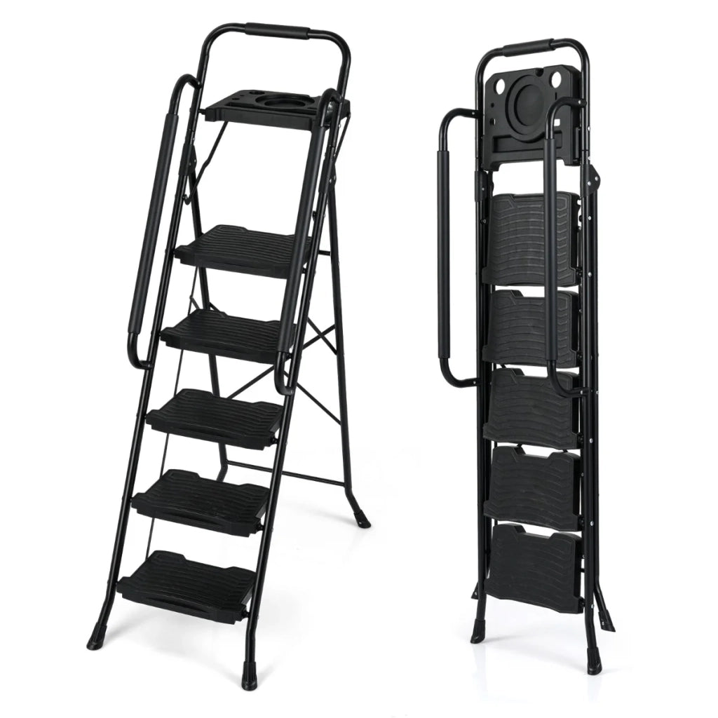 Pratica scala a 5 gradini con robusto vassoio portautensili pieghevole 95 x 54 x 159 cm maggiore sicurezza design moderno in metallo nero 20_0018955