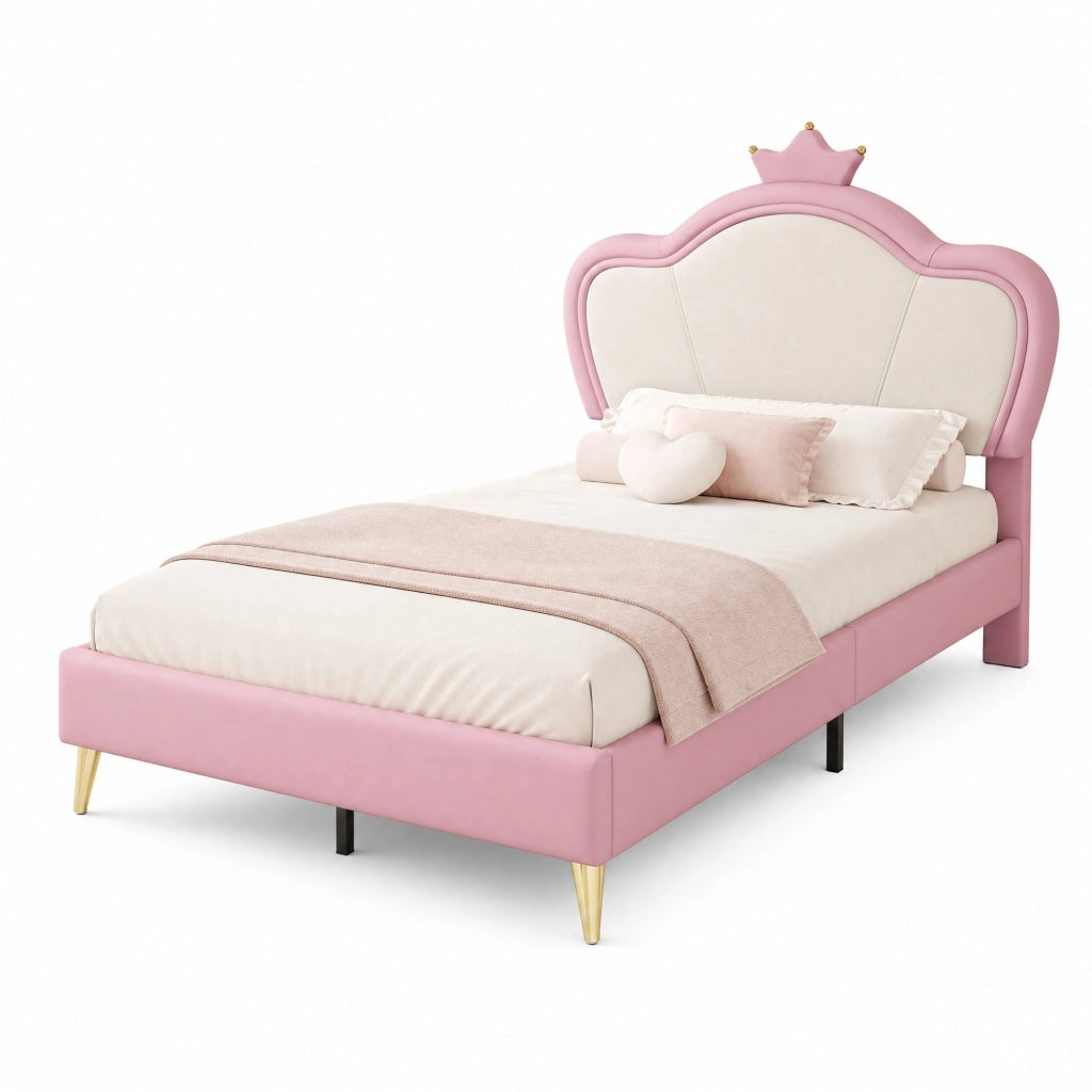 Letto singolo imbottito per bambini con testiera a corona; 90x200 cm; PU rosa e bianco