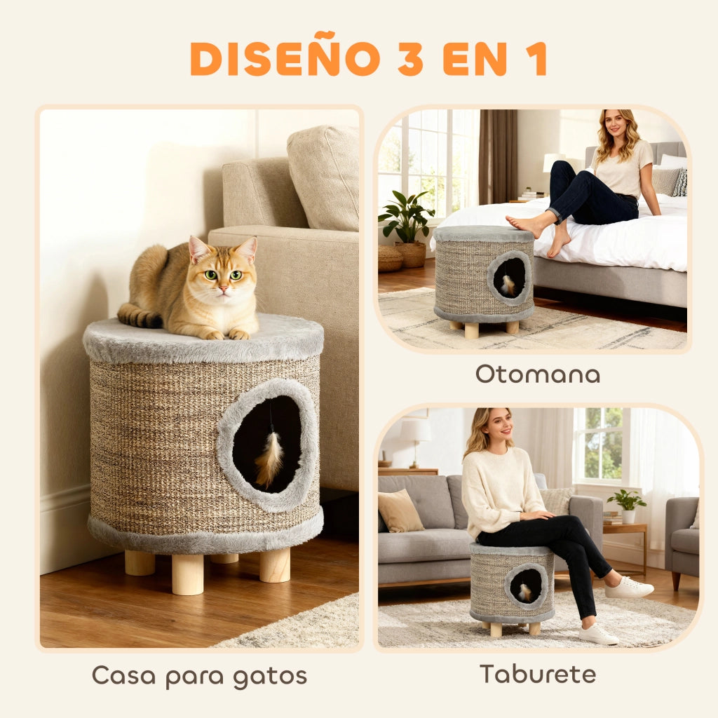 Casetta Grigio per Gatti 3 in 1 con Rascatore ¨C zephmum ¨C Grigio Legno 36x36x38 cm