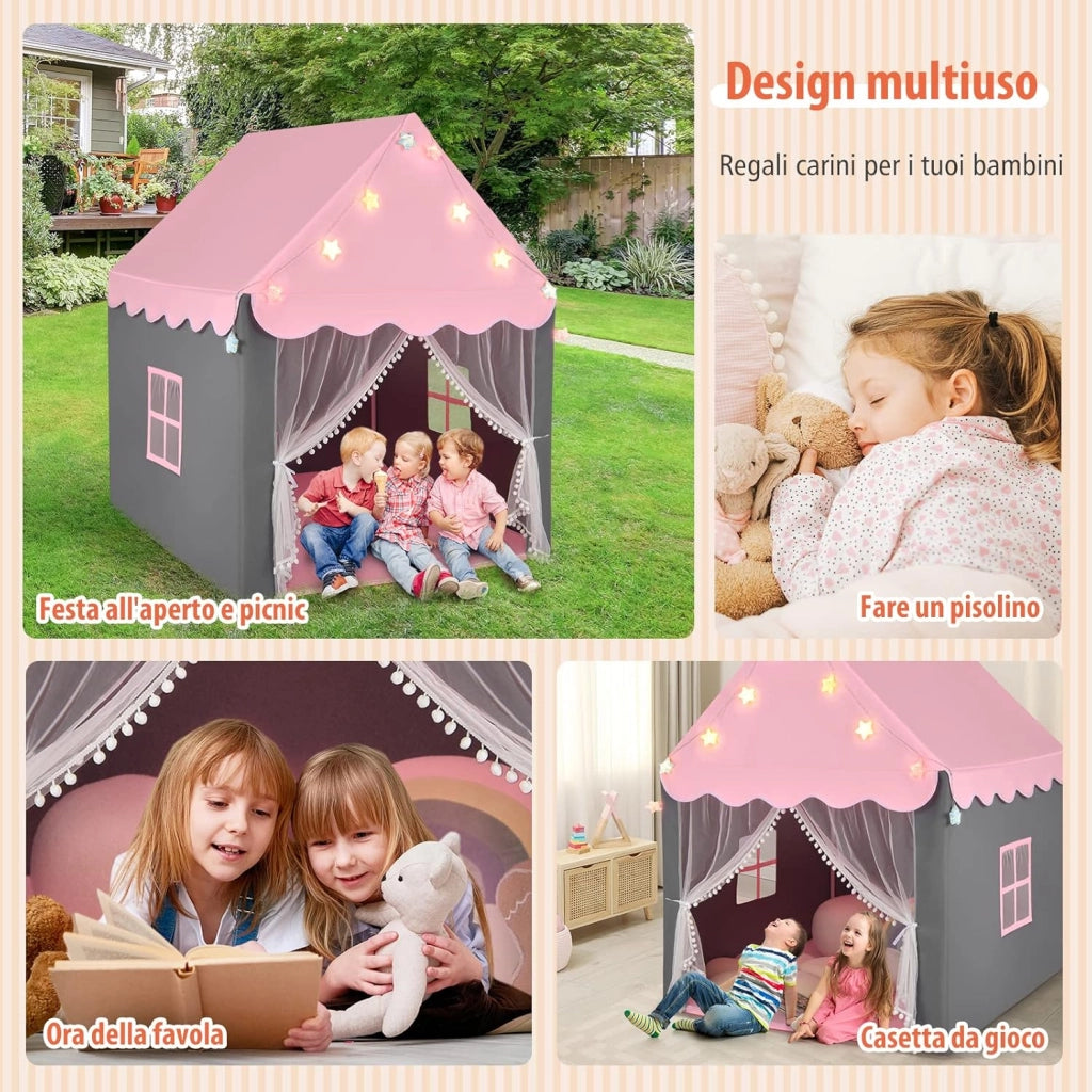 Tenda da Gioco per Bambini, Tenda Castello con Tappetino Lavabile, Luci a Forma di Stella, per Interno ed Esterno, 105 x 121 x 136 cm (Rosa)