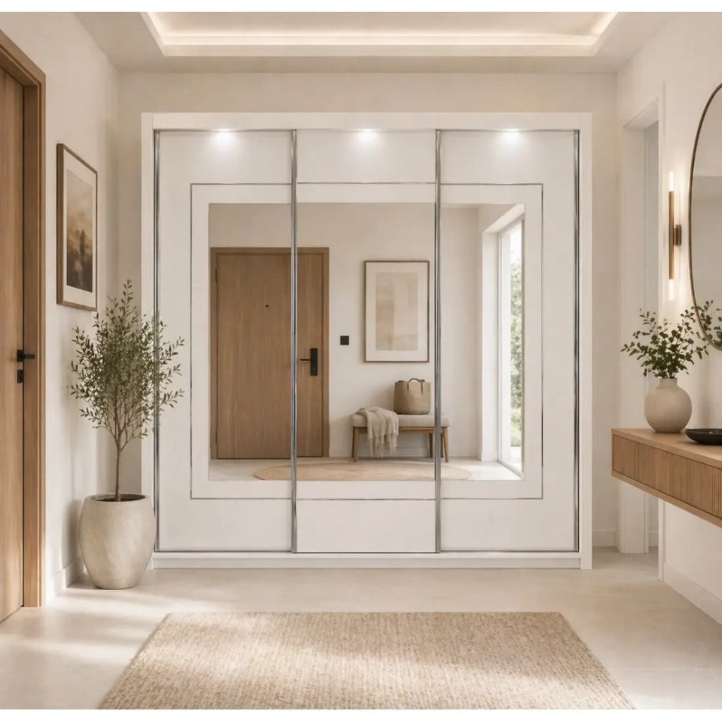 Armadio PANAREA 3 porte scorrevoli con specchi LED 208x213x67 bianco lucido