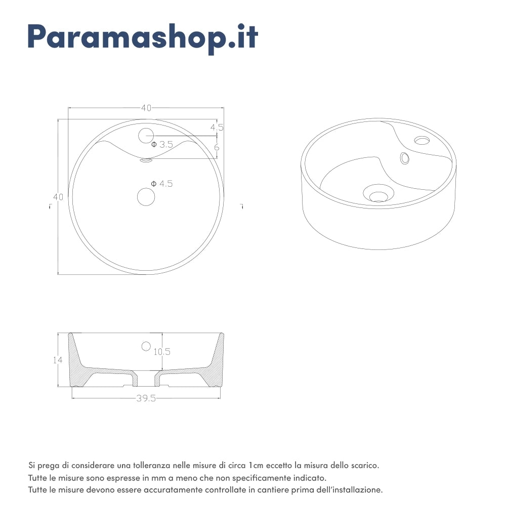 Lavabo da appoggio tondo con troppopieno 40x40x14 cm Bianco
