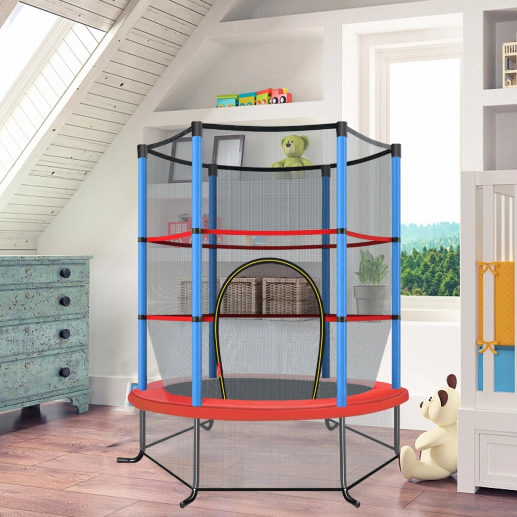 Tappeto elastico per bambini con rete di sicurezza, Tappeto elastico con struttura in acciaio resistente Blu