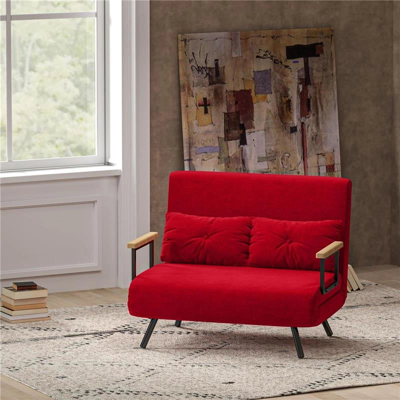 DIVANO LETTO IN TESSUTO EFFETTO VELLUTO CON SCHIENALE REGOLABILE E 2 CUSCINI 102X73X81 CM ROSSO