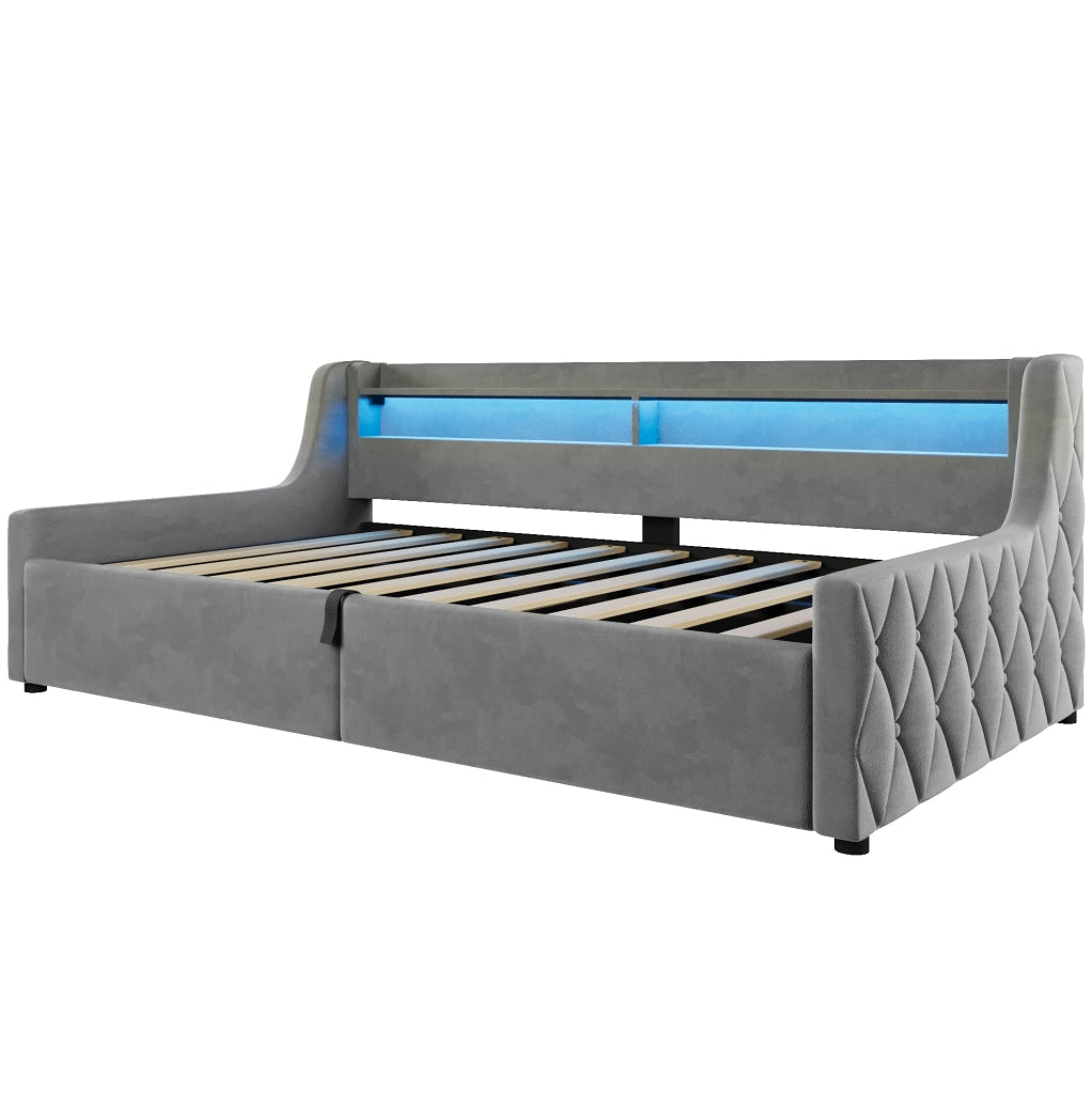 Letto singolo 90x200 in velluto con LED e vano contenitore