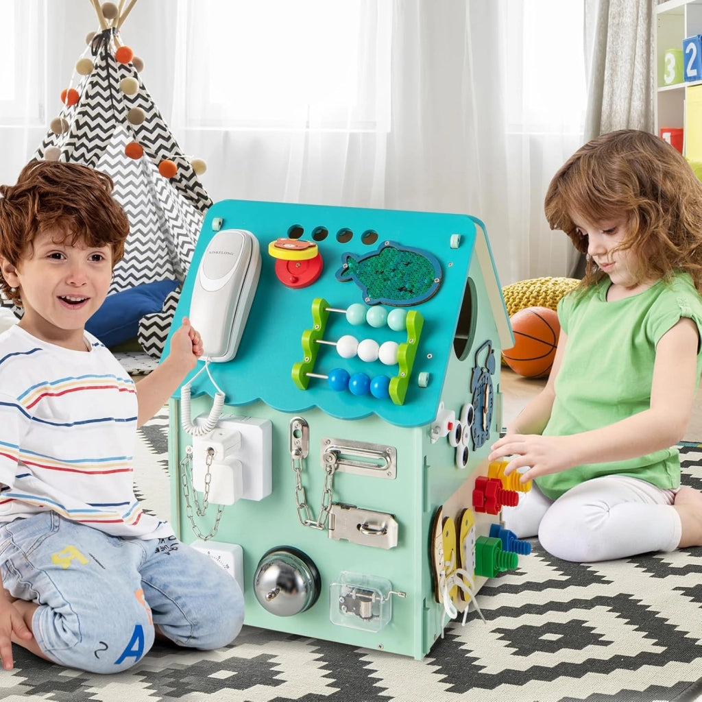 Occupato Montessori per Bambini, Casa da Gioco Montessori con Giochi Sensoriali e Spazio Interno, Giocattolo Educativo e Regalo per Bambini 3 Anni+ (Blu)