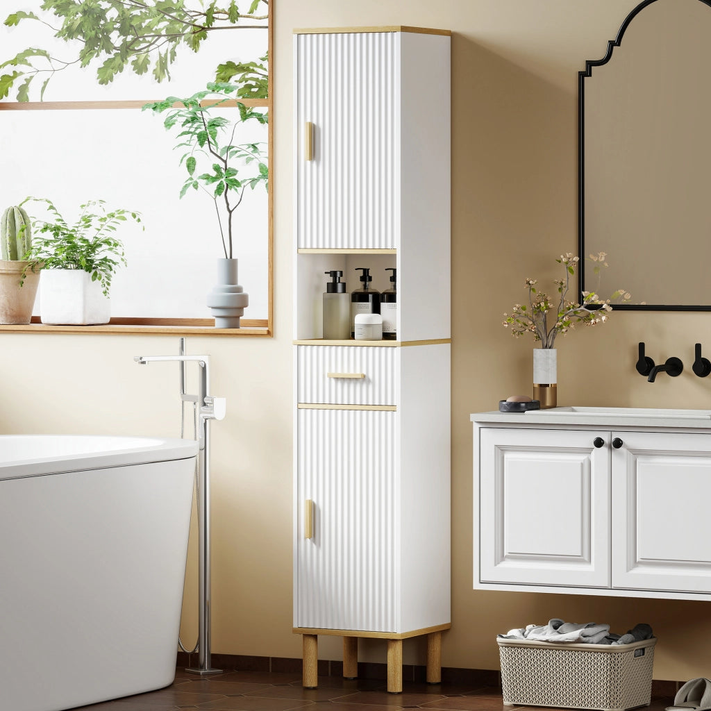 Armadietto 172 cm, Mobile Bagno con Cassetto e Ripiani Regolabili, Bianco