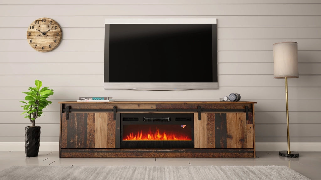 MOBILE TV CON CAMINETTO ELETTRICO GRANERO INCORPORATO cm200x35x57 LEGNO ANTICO