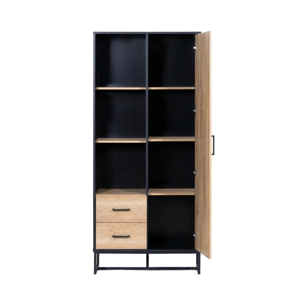 Credenza alta con 1 anta; 2 cassetti e 3 vani aperti 80x40x180 cm in MDF nero e effetto legno