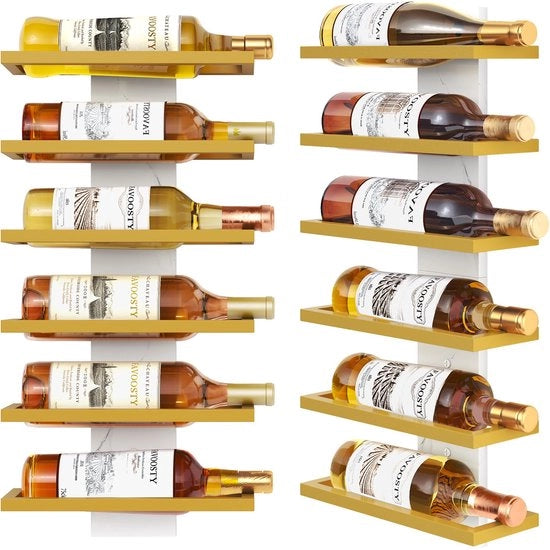 Wijnrek a muro, flessen contenitore, flessen contenitore a 3 livelli, wijnrek metallico, piastrelle, wijnflessen contenitore appeso, nero, per sala da pranzo, camera da letto, cantina del vino (oro, 6 livelli, 1 set)