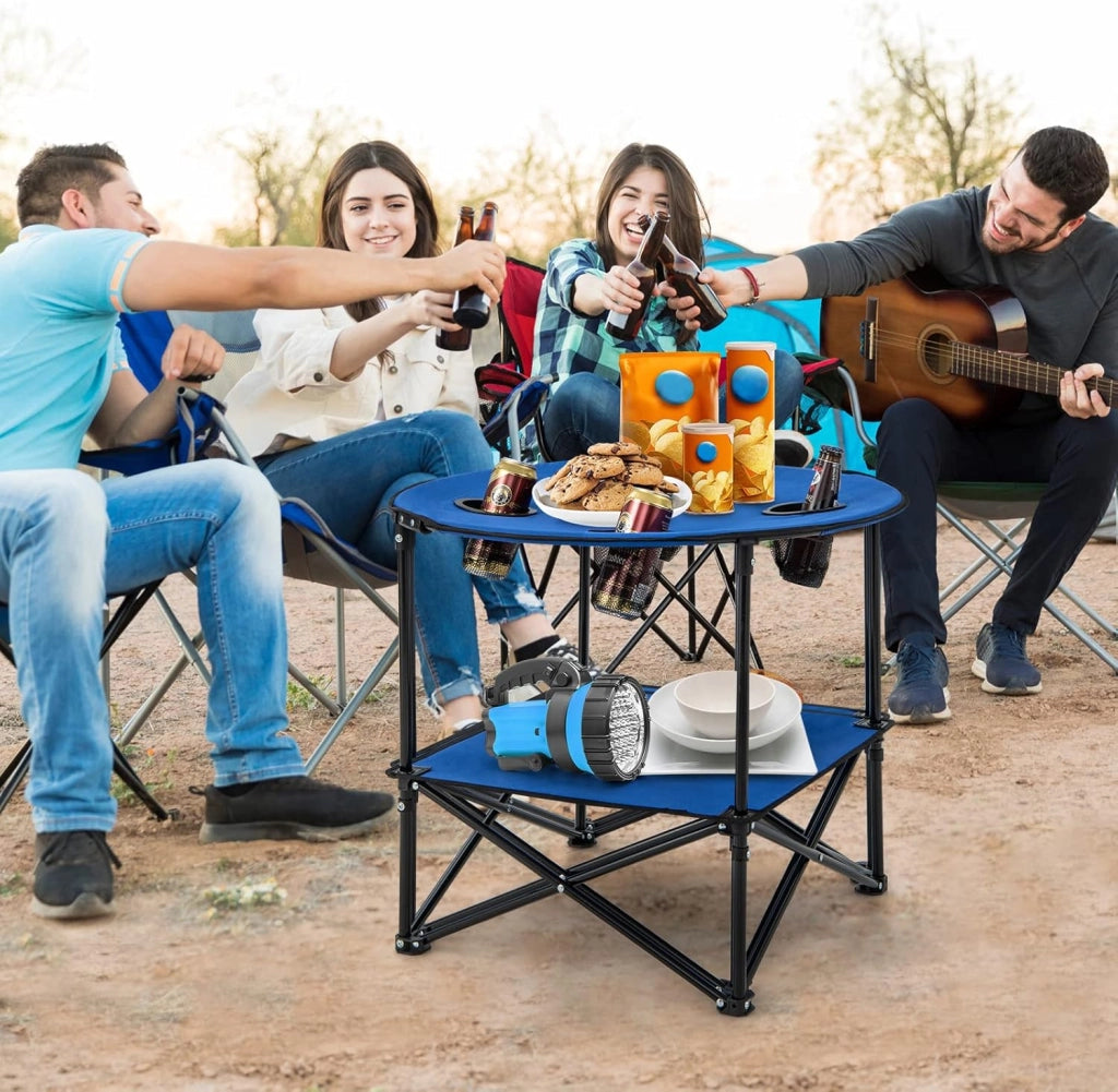 Tavolo da Campeggio Pieghevole, Tavolo da Picnic Portatile a 2 Ripiani, 4 Porta-Coppe, Tavolo Impermeabile per Spiaggia, Portata 40 kg