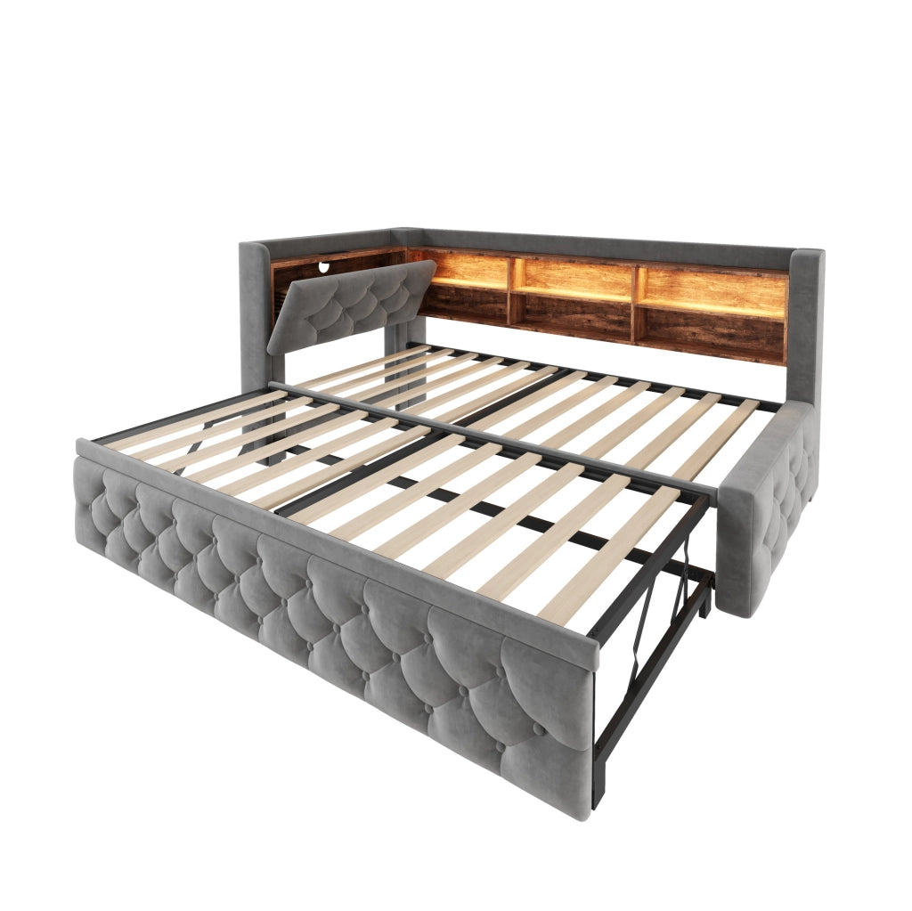 Divano letto 90x190 cm estraibile con LED; USB e Type-C in velluto grigio scuro