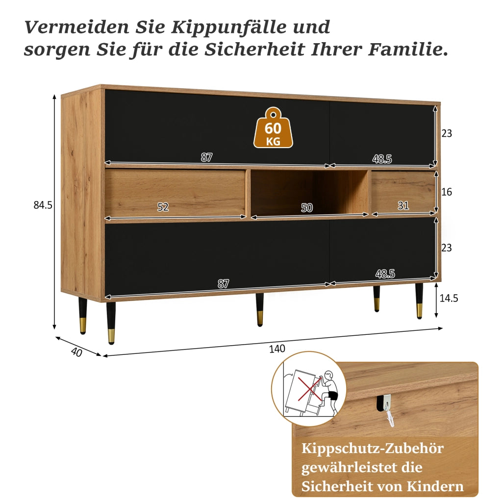Credenza e madia con 2 cassetti, vano aperto e ante ribaltabili per soggiorno, nero naturale, 140 × 40 × 84,5 cm