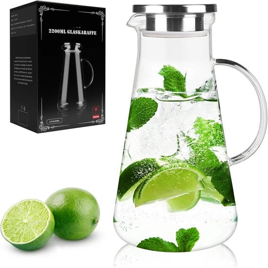 Caraffa da acqua - Caraffa in vetro da 2,2 litri con coperchio in vetro borosilicato per bevande - caraffa per bevande DIY