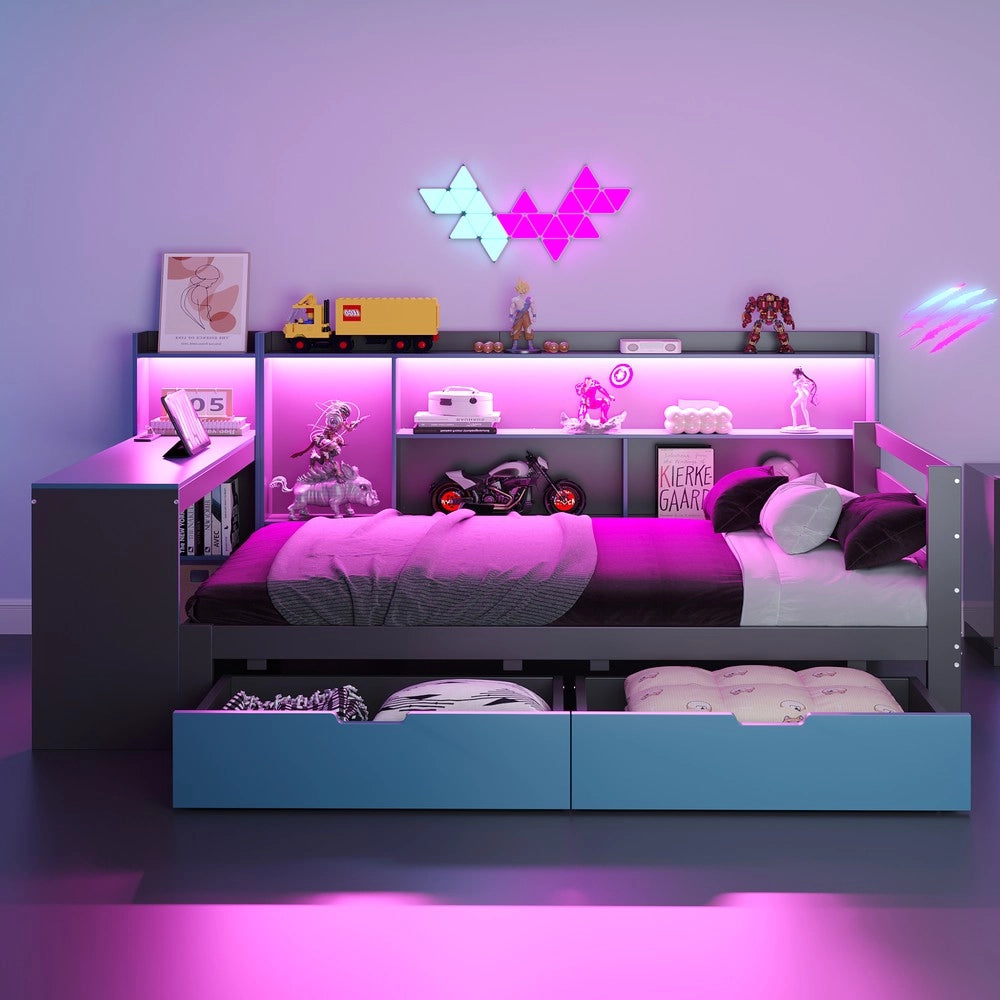Letto multifunzionale con scrivania e libreria - Zephmum- 90x200 cm, illuminazione integrata, prese, nero e blu
