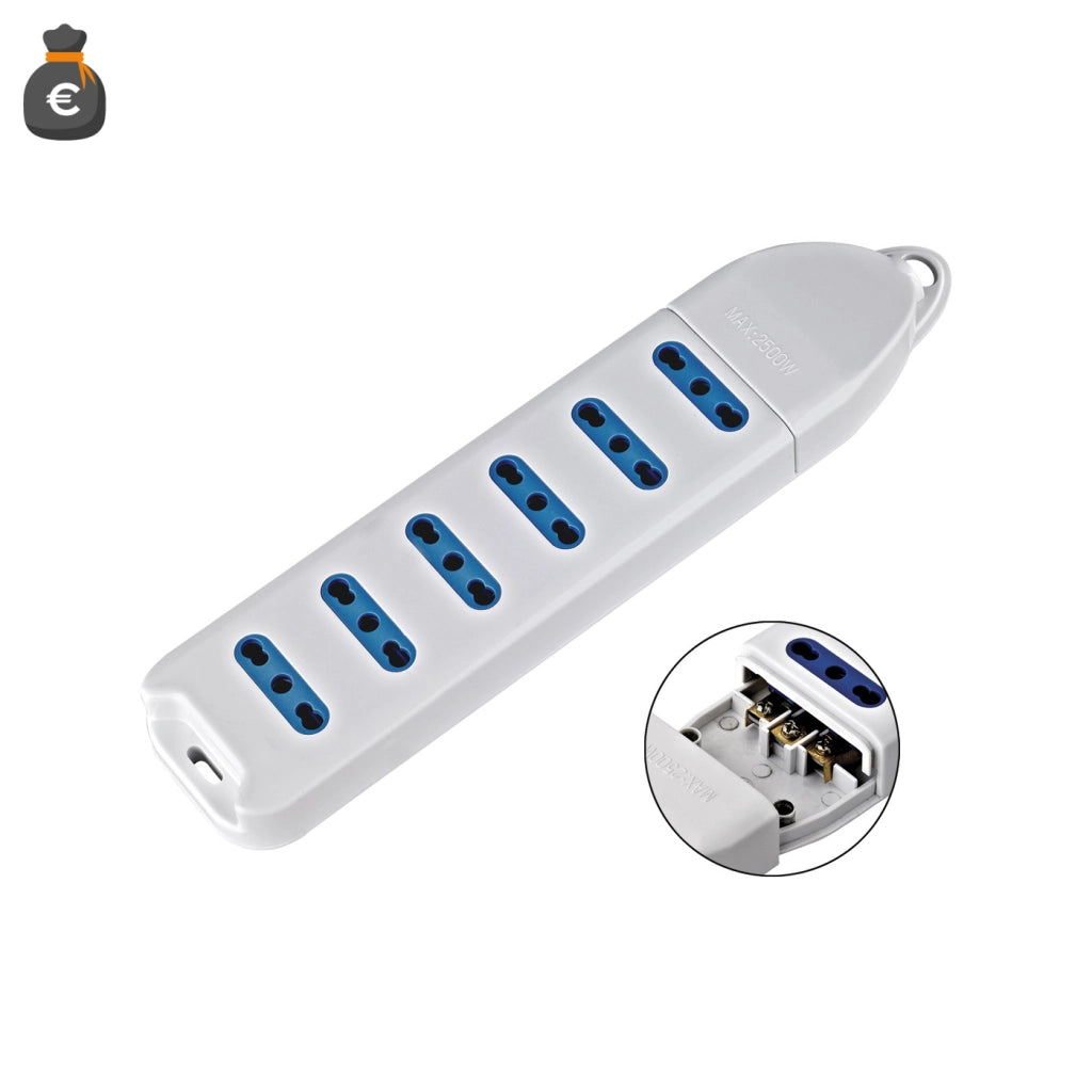 Alcapower Multipresa Elettrica 6 Posti Bipasso 10/16A Standard Italiano, Potenza Massima 2500W, Tensione 250V AC, Design Compatto Senza Cavo, Bianca