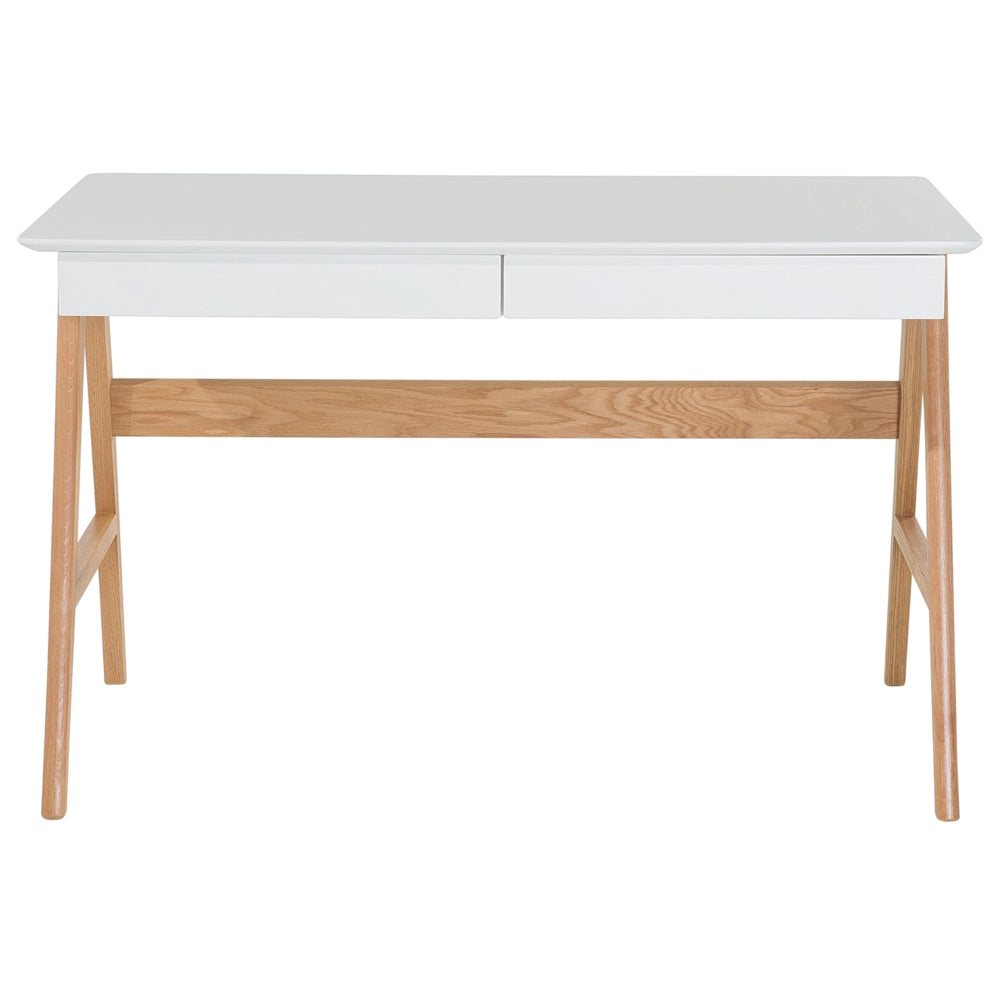 Set di mobili per ufficio, legno chiaro, MDF bianco, vetro, una scrivania, una libreria, un home office minimalista